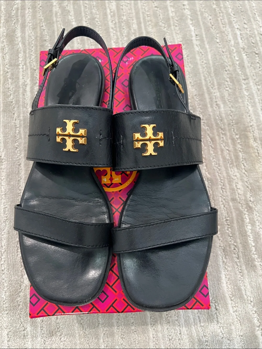 Tory Burch Black Leather Slingback Sandals with Gold Logo Emblem